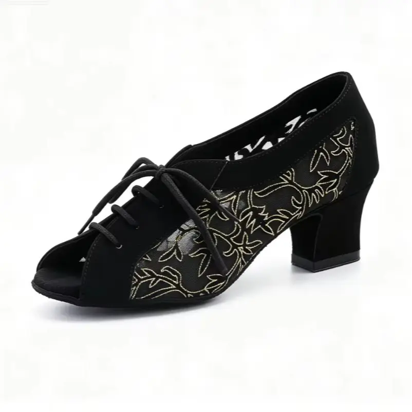 Evk Women's Black Gold Mesh Latin Dance Shoes Lace-Up Peep Toe Salsa Tango Cha Cha Ballroom Practice Block Heel Dancing Footwear