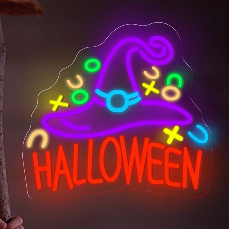 ハロウィン魔女帽子ネオンサイン-不気味なledサイン-壁装飾-調節可能な明るさ-ハロウィンパーティー文字-寝室-バーまたはポーチ用
