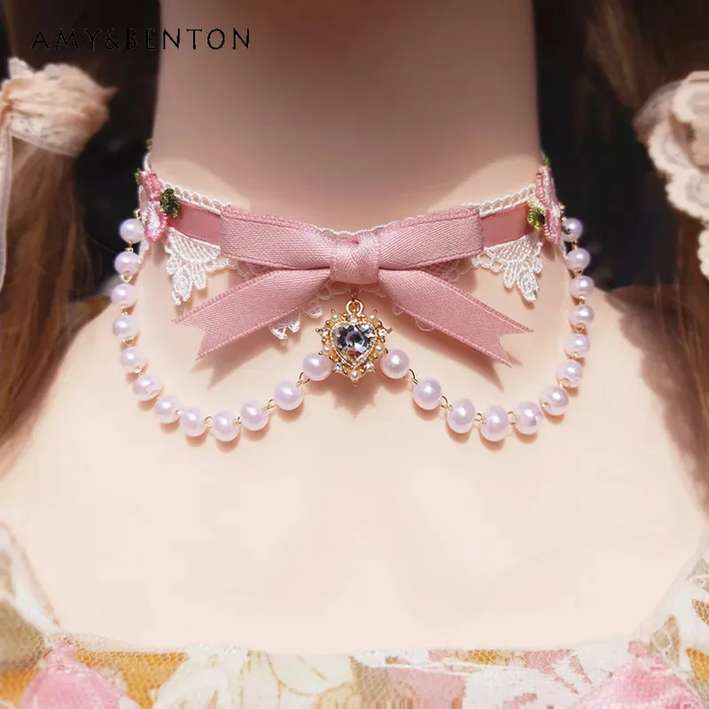 25COSOriginal Lace Pink Bow Pearl Choker Lolita Love Necklace for Women Sweet Cute Girl Double Necklaces Princess Butterfly Neck