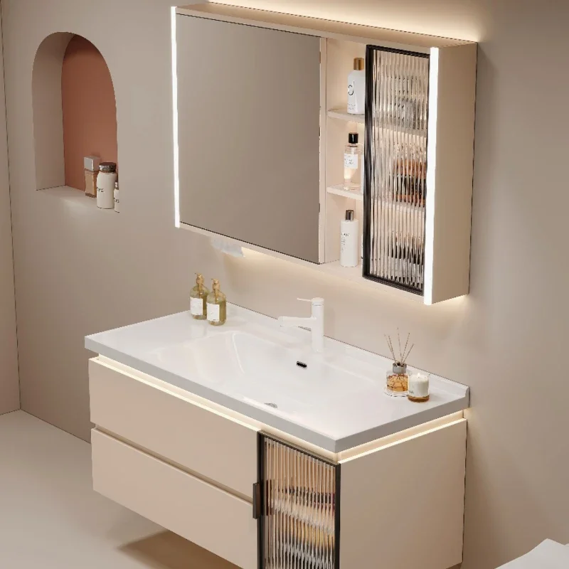 Cream Style Bathroom Cabinet Combination Modern Minimalist Ceramic Integrated Basin Washbasin Smart Face Set