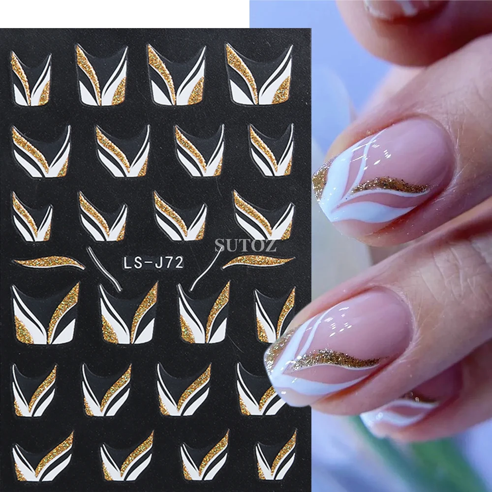 French Tips Nail Stickers Reflective Glitter Nail Decals Swirls Wave Design Golden Stripes Lines Sliders Manicure Wraps GLLS-J72