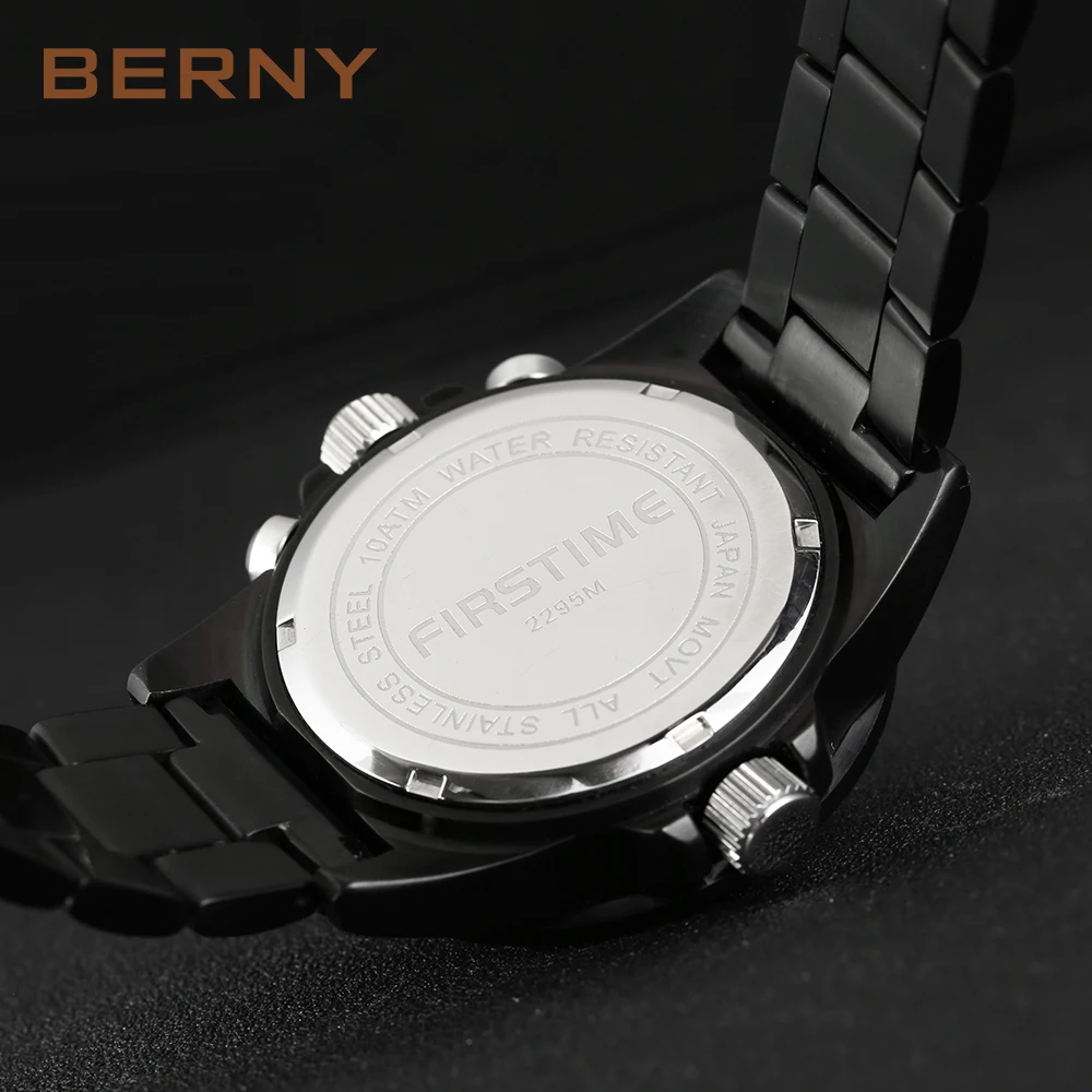 BERNY Watch for Men Quartz Sports Wristwatches Chronograph Male Luminous Calendar Divers Watch Golden 10ATM Relogio Masculino