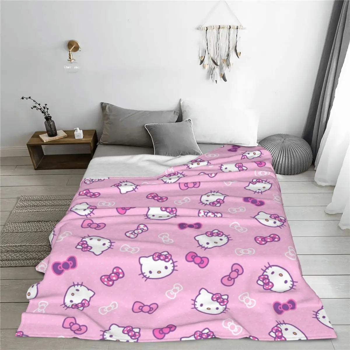 Hello Kitty Blanket Flannel Textile Decor Kitty White Cozy Lightweight Thin Throw Blankets for Bed Couch Plush Thin Quilt