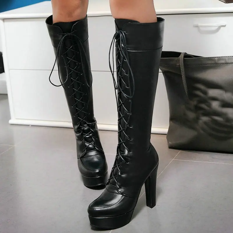 PU Soft Leather Western Cowboy Shoes Cross-tied Lace-up Punk Gothic Thick Block High Heels Knee-high Boots Winter Warm Shoes