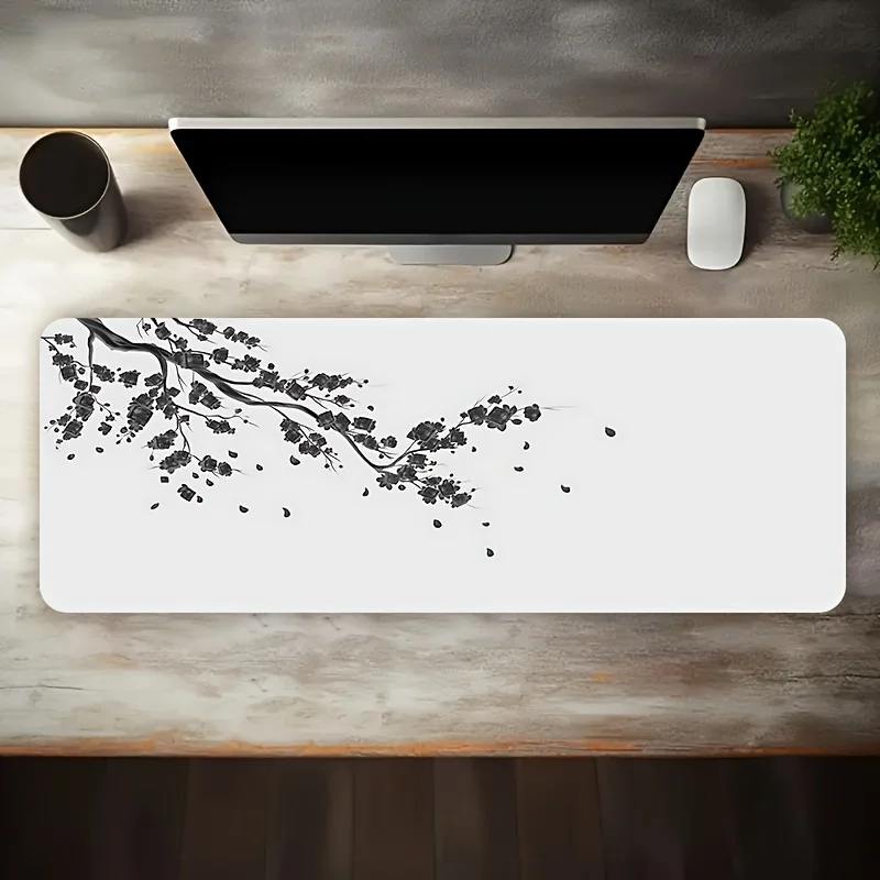 1pc Multi-size Large Gaming Mouse Pad Simple Ink Wash Gray Leaf Pattern Non-slip Base Desk Mat for Office Gaming