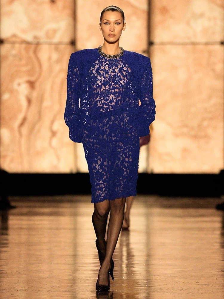 Elegant Purple Sheer Lace Midi Dress with Oversized Shoulders Vintage Floral Pattern Long Sleeve Cocktail Party Dress for Women