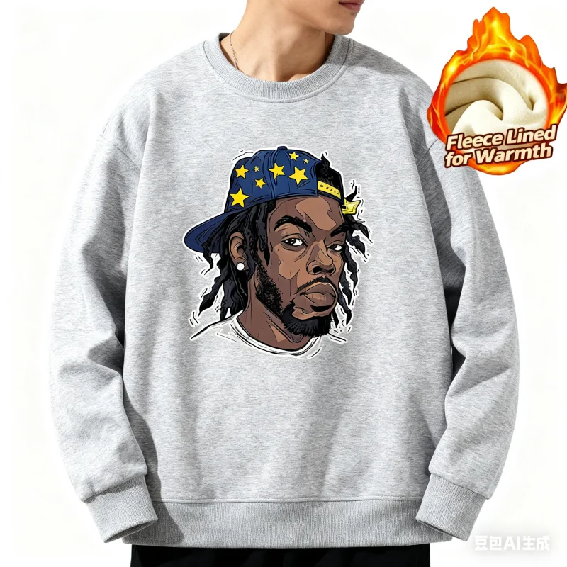 Round Neck Long Sleeves Top in Print Series, 100% Cotton with Fleece Lining for Extra Warmth, Casual & Warm