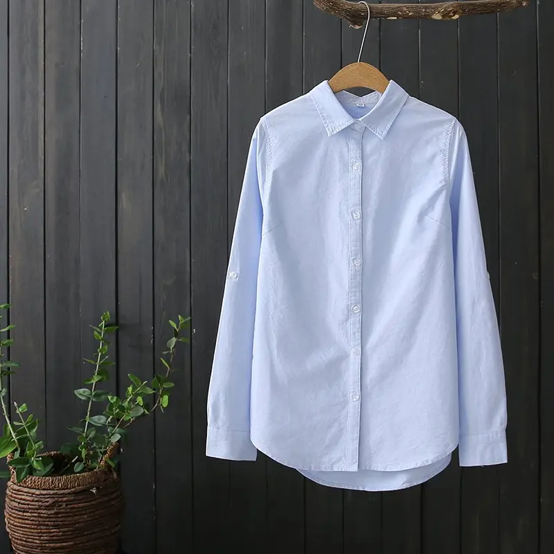 قميص نسائي كاجوال من القطن الخالص للربيع والخريف، تصميم كوري بسيط متعدد الاستخدامات، قميص أساسي احترافي للسيدات بياقة وأزرار