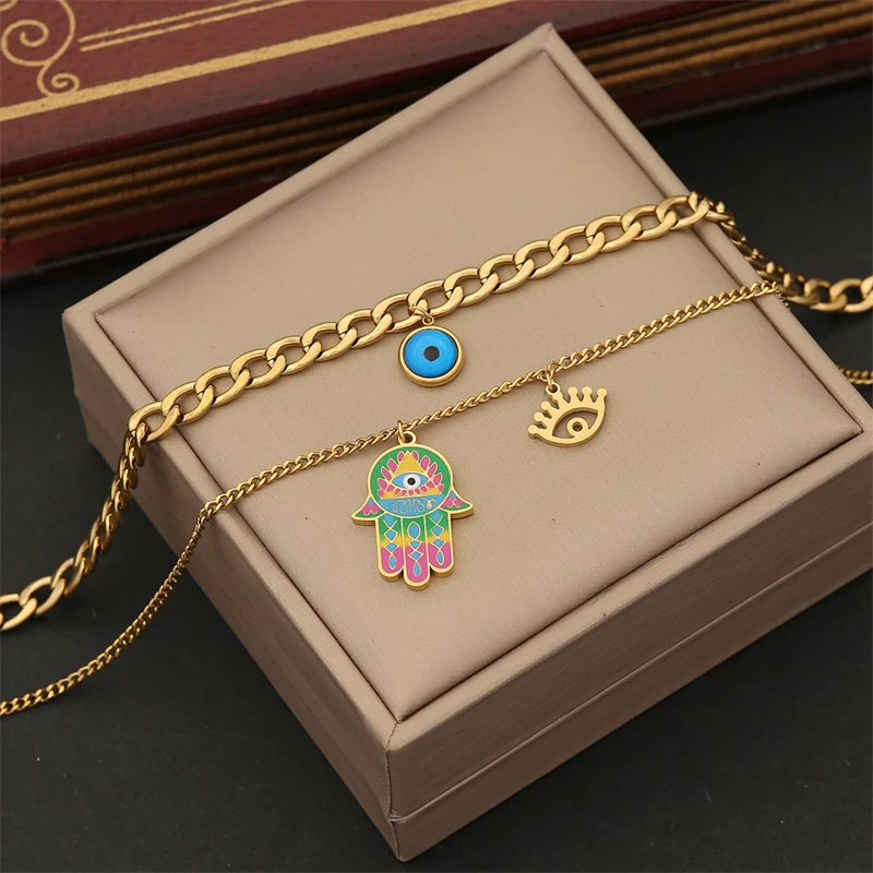 316L Stainless Steel New Fashion Fine Jewelry Colorful Paintings Eyes Palm Charm Chain Necklaces Bracelets Earrings For Women