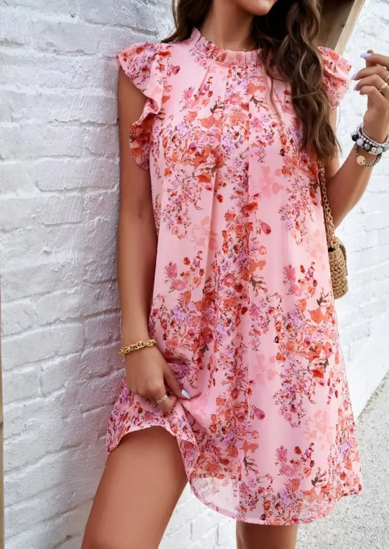 

Elegant Women's Summer Dress New Flower Printed A-Line Skirt Half High Collar Sleeveless Commuter Vacation Chiffon Midi Dresses