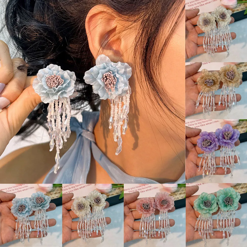 Boucles d'oreilles en cristal de carillon pour femmes, boucles d'oreilles longues pour mariées, fête de mariage, fleur, perle, pompon, boucle d'oreille goutte, accessoires de bijoux de luxe, 2025