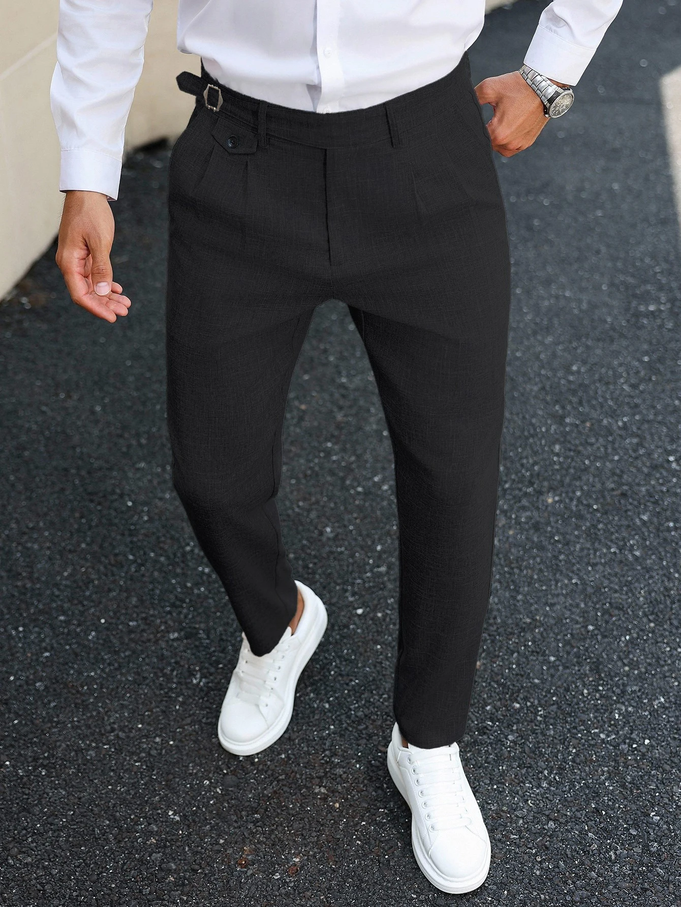 Men Textured Woven High Waist Pleated Slim Cropped Ankle Suit Trousers, Wrinkle Free Stretch Business Casual Dress Pants S-XXL