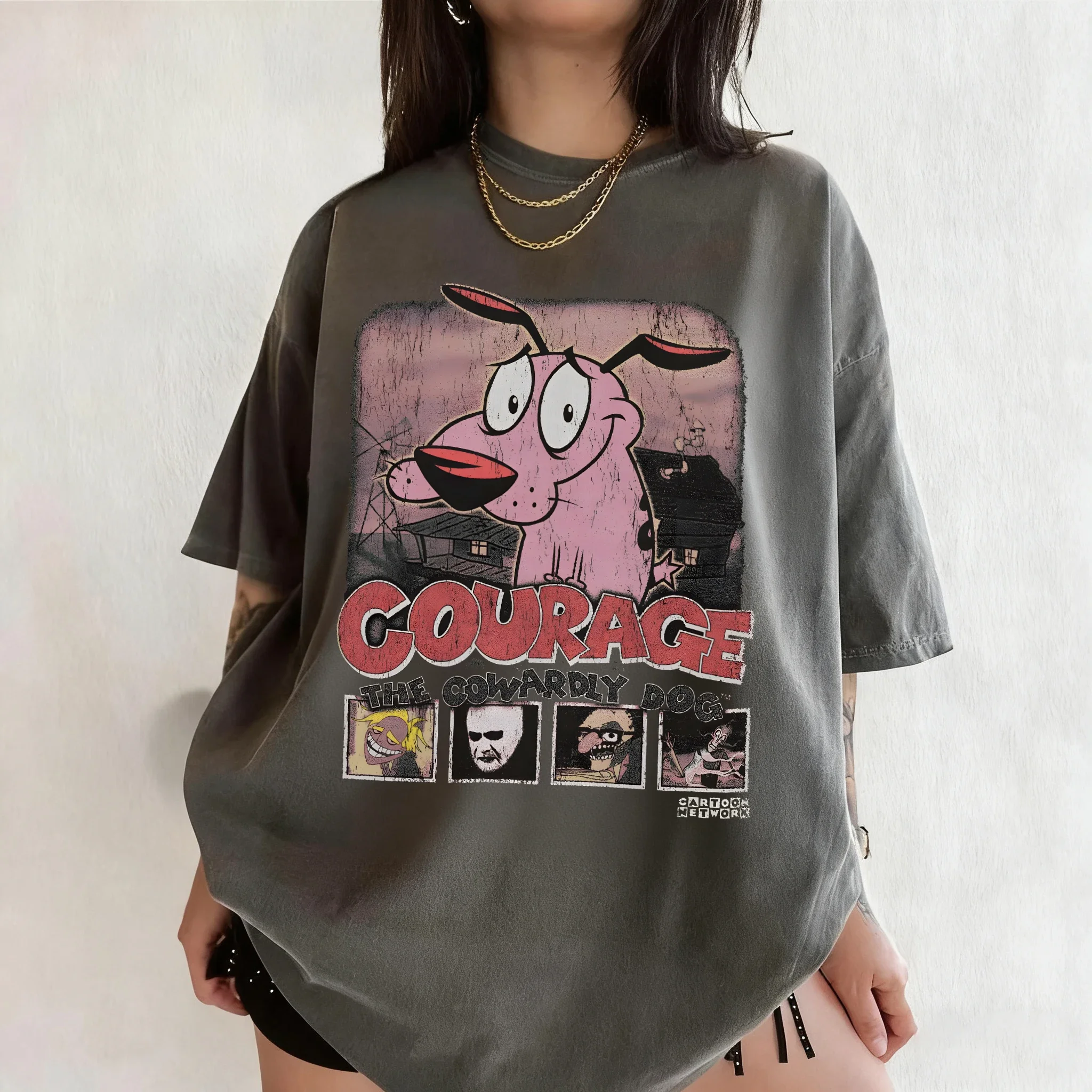 خمر الشجاعة الجبناء الكلب الكرتون طباعة تي شيرتات قصيرة الاكمام ريترو للجنسين الجرافيك المحملة 90s الحنين الصيف الشارع الشهير المحملة