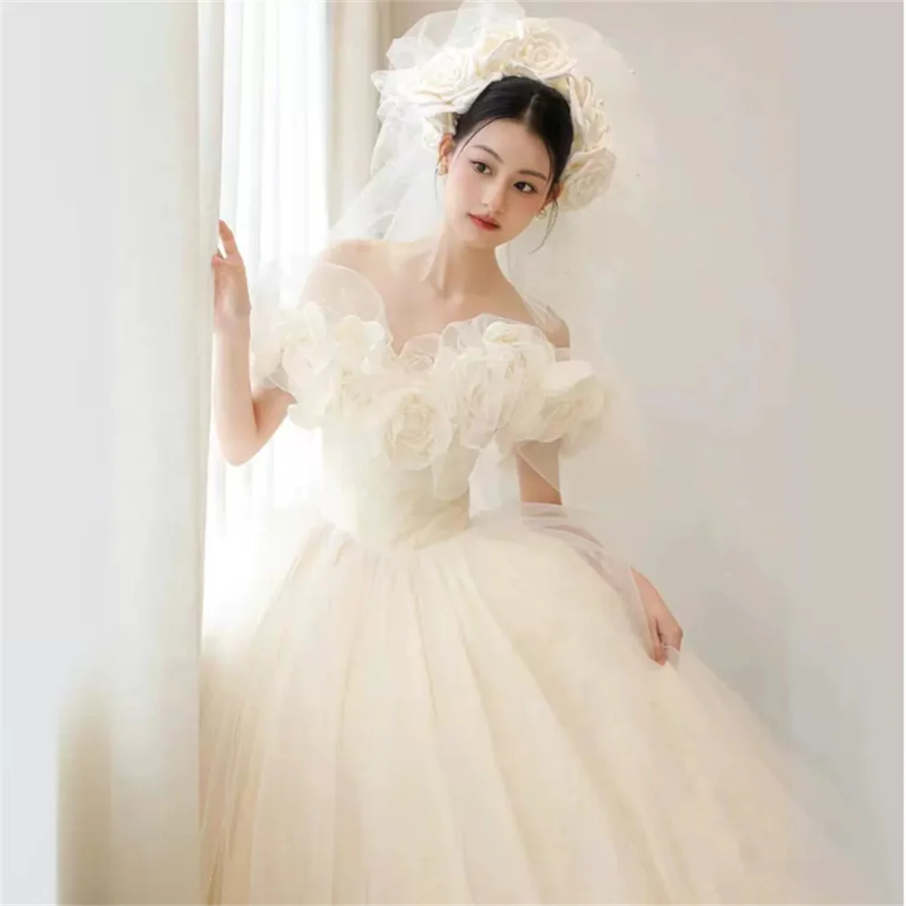 Boat Neck Lace Flowers Applique Wedding Dress Sweetheart Bridal Dress with Bridal Veil Sheer Tulle Long Bridal Gowns robe  017