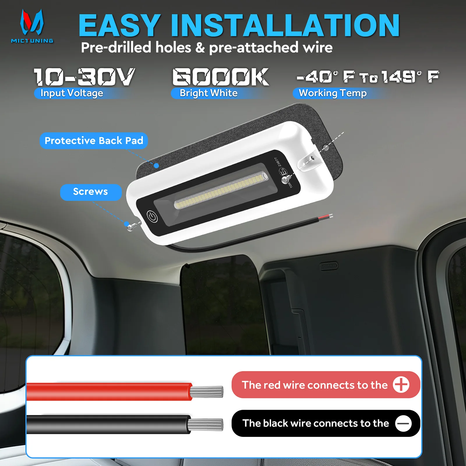 MICTUNING 4/6 Inch Interior Porch Light,Smart Touch Screen LED Utility RV Awning White Lights,IP68 Waterproof For Camper Trailer
