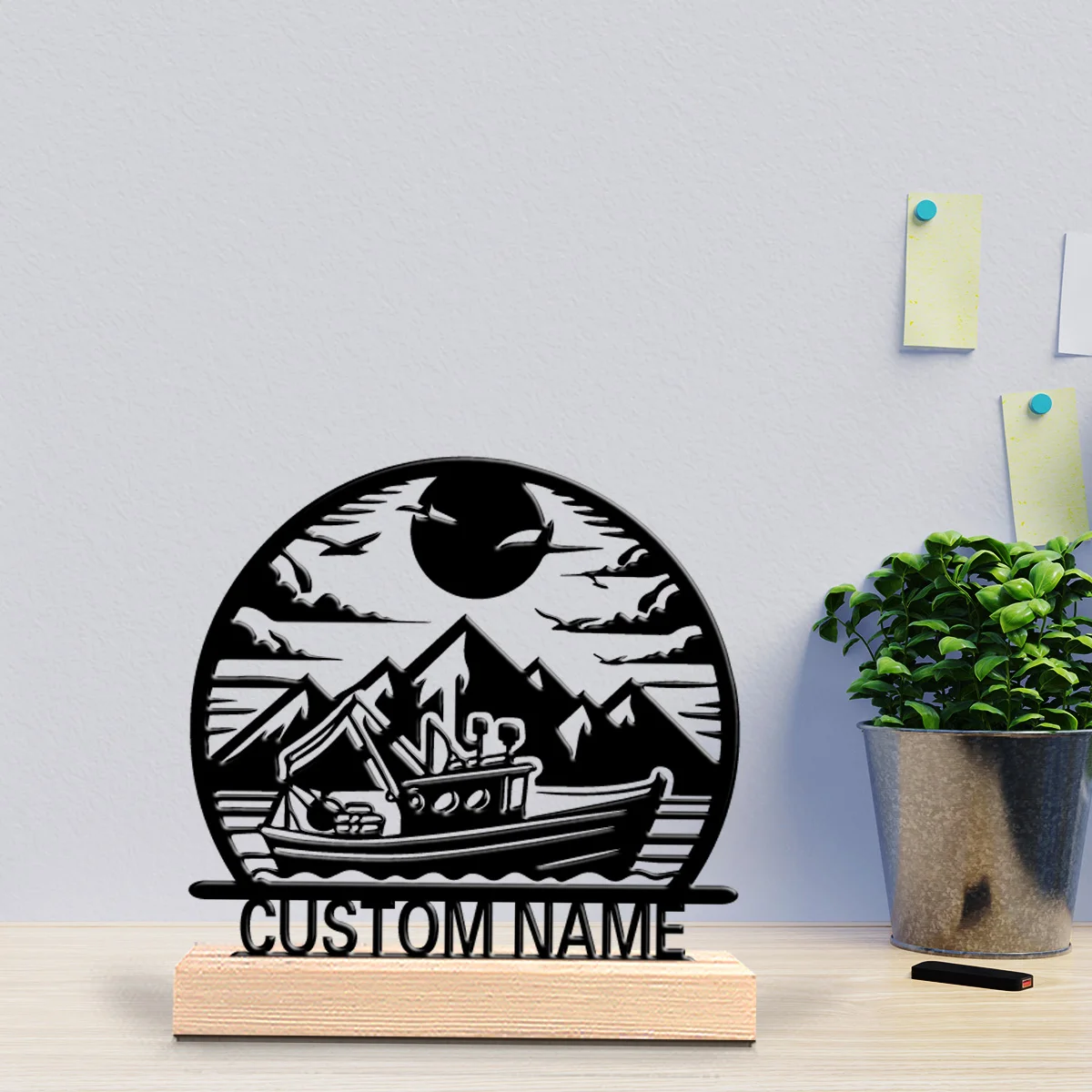 1pc river Custom Text Tin Statue Metal Ornament Handicraft With Wood Base Tin Sculpture For Home Desk Decor