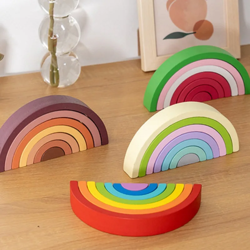 Wooden Rainbow Building Blocks for Children's Assembly Puzzle Stacking Fun 0-3 Year Old Enlightenment Early Education Cognitive