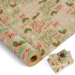 1 Roll Christmas Wrapping Paper Roll,Green Red White Kraft Wrapping Paper,17 Inch x 590inch,Greeting Letters, Snowflake Desige