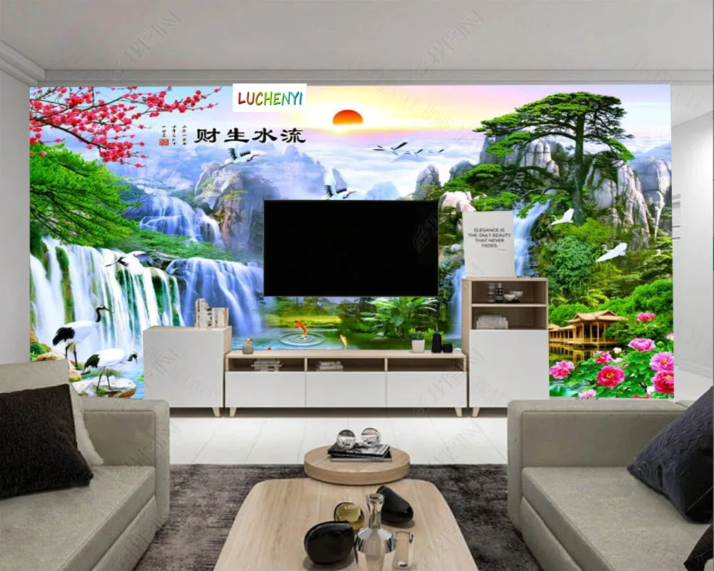 

Papel de parede wealth water landscape painting lobby living room wallpaper mural, wallpaper home decoration