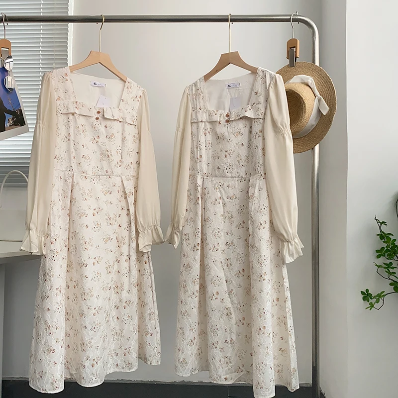 

Women's French Style Floral Printing Chiffon Dress Patchwork Square Collar Petal Sleeve A-Line Mid-Length Holiday Dresses