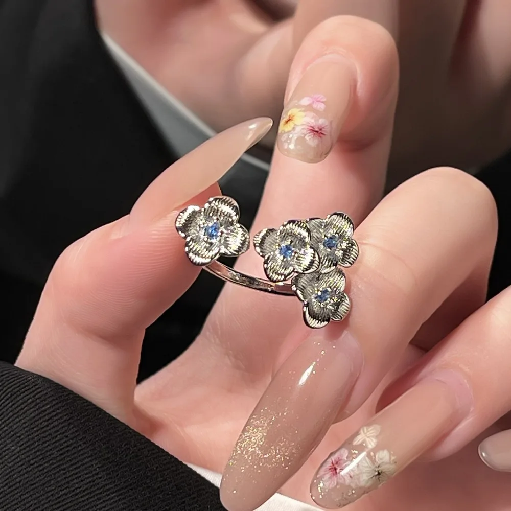 Vintage Luxury 925 Sterling Silver Lucky Brushed Four-leaf Flower Blue Zircon Adjustable Open Rings for Women Aesthetic Jewelry
