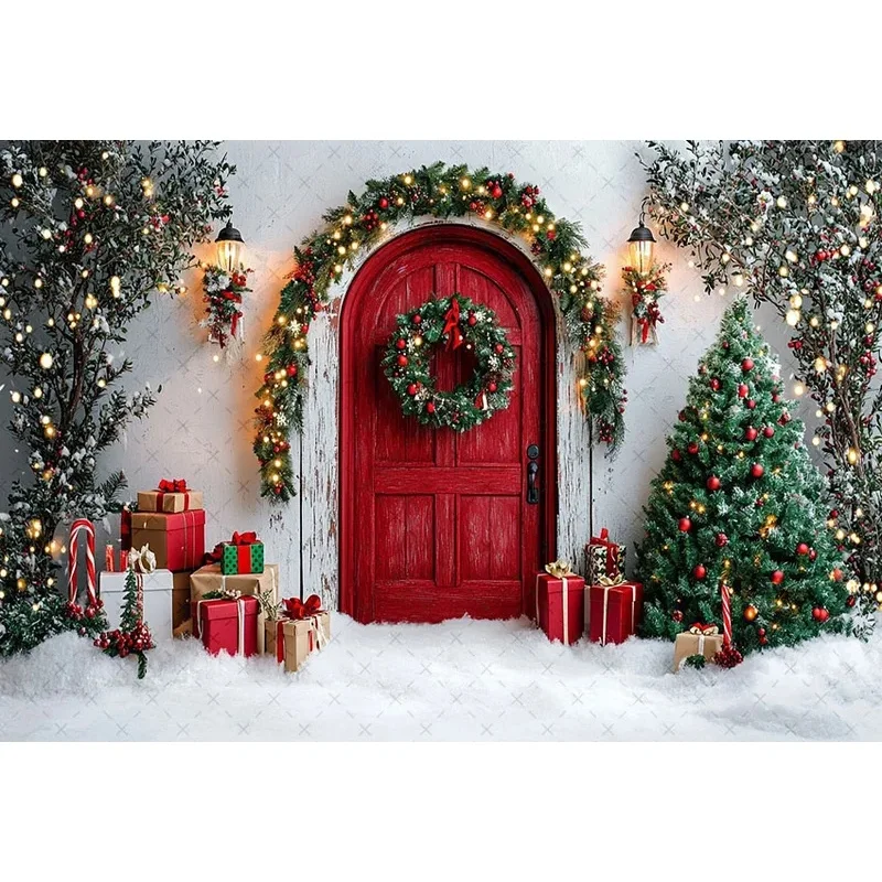 VIKAMA Christmas Red Door Tapestry Wreath Xmas Tree Gift Box Snow Scene Wall Hanging Holiday Photo Background Decor