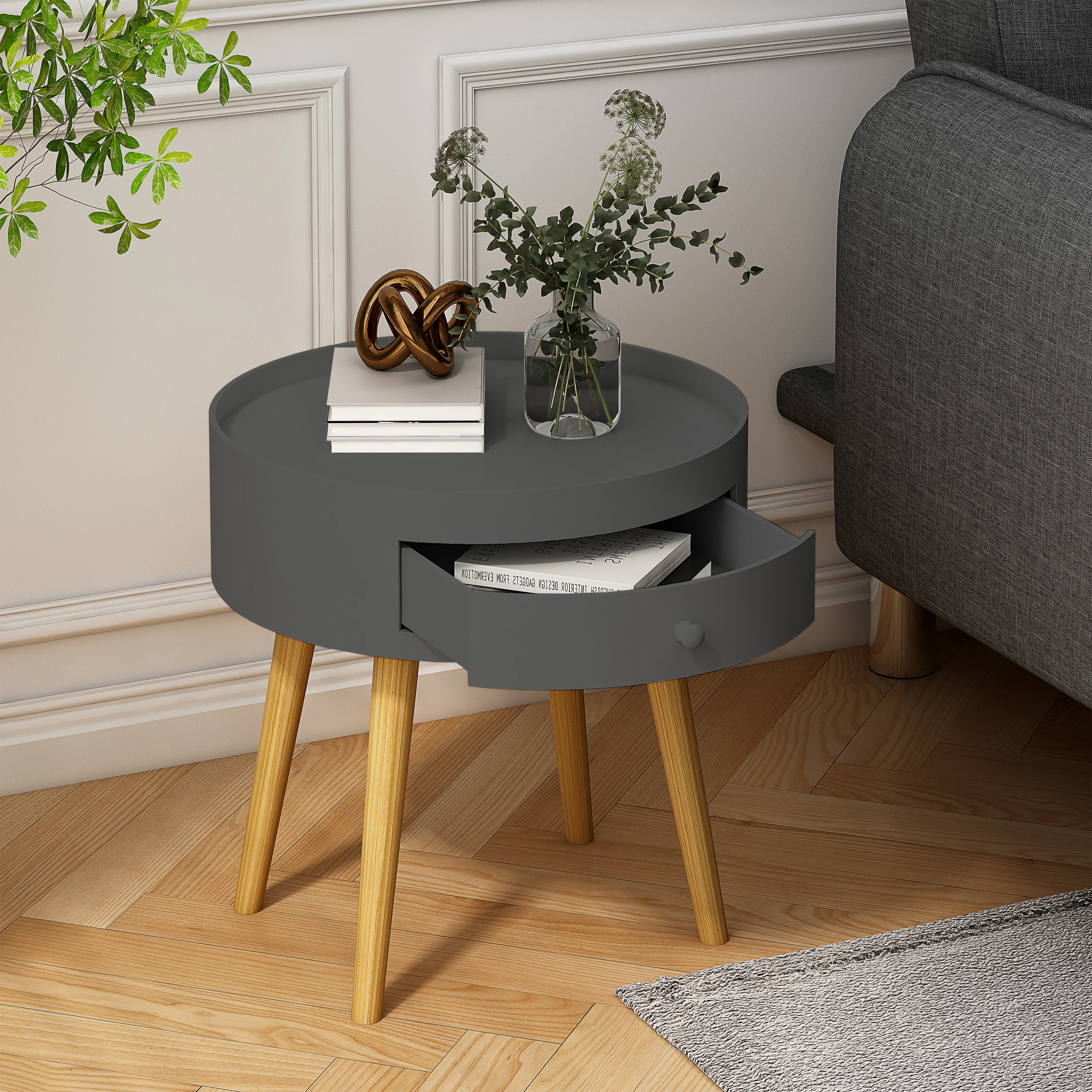 Modern Coffee Table with Drawer, Bedside Table, Sofa Side Table, Oak Table Legs, Suitable for Living Room and Bedroom