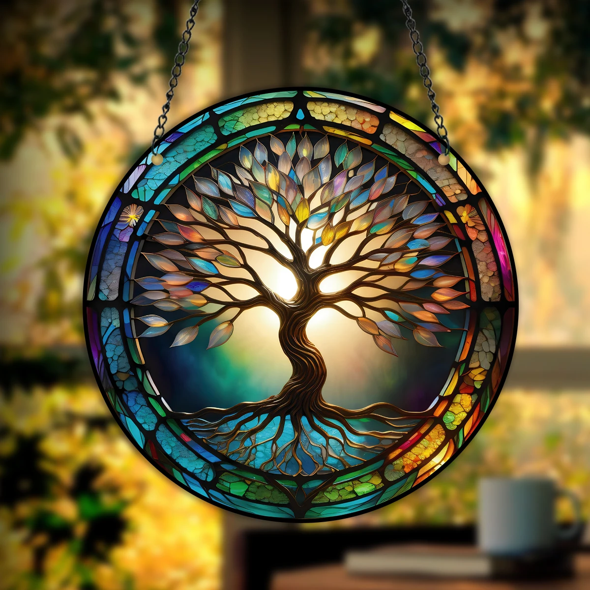 Life Tree Window Hangings,5.9Inch Colorful Life Tree Suncatchers, Life Tree Window Hangings with Chain for Home Decor