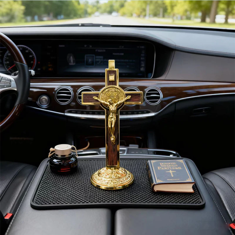 

New 2026 Catholic Car Cross Holy Drive Accompanied by Gilded Gold Inlaid Wood Faith Ornament Sacred Artifact, Solemn Box Gift