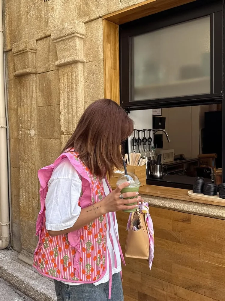 

Lotus Leaf Edge Splicing Printed Cotton Vest Women Casual Sleeveless Pink Lace Up Cropped Waistcoat Lady Autumn Highstreet Top