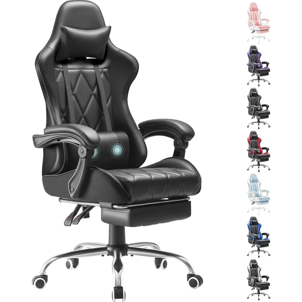 كرسي ألعاب دوار مريح مع مسند للقدمين ودعم قطني للتدليك وظهر مرتفع لألعاب الفيديو المريحة