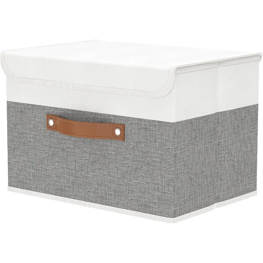 

Large Fabric Storage Box with Lids Foldable Linen Wardrobe Containers Organiser For Towels Clothes 17.7 x 11.8 x 11.8 inch Whit