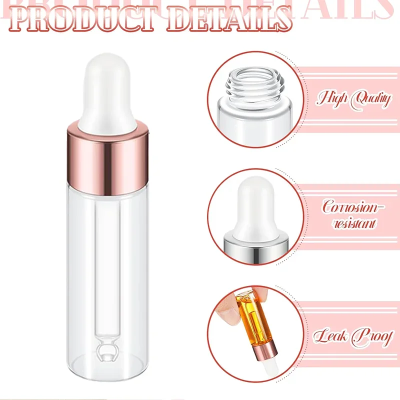 10pcs 1ml-5ml Glass Dropper Bottles Empty Essential Oil Bottle With Glass Dropper Rose-Golden Cap Perfume Travel Vial Containers