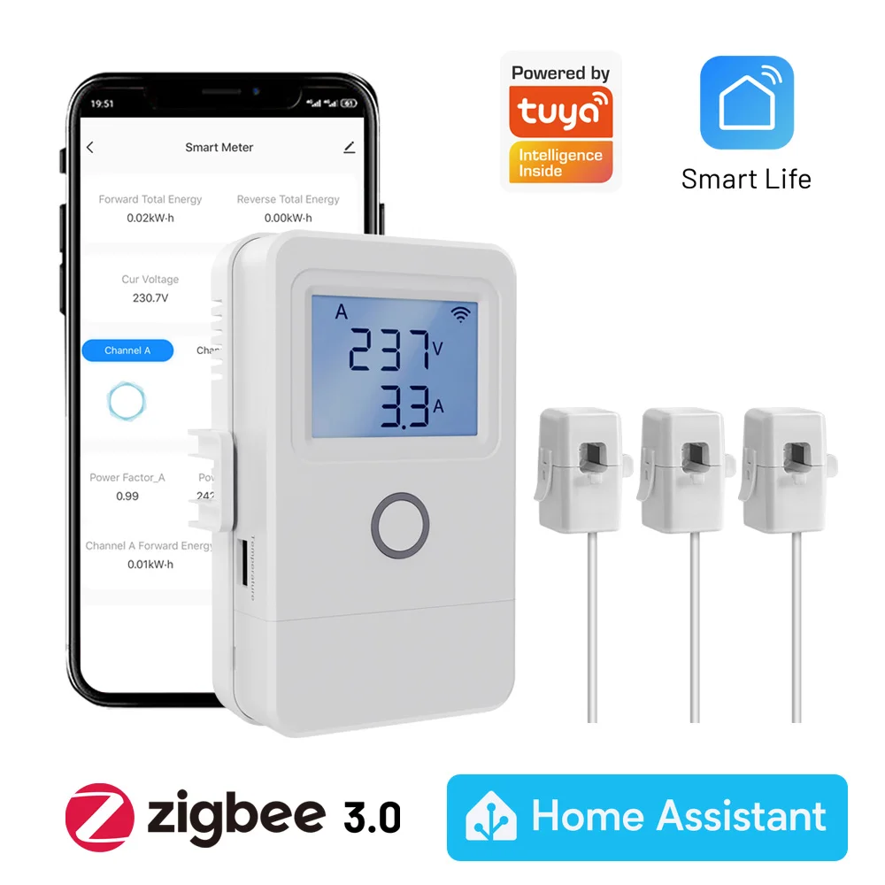 Tuya Zigbee Smart Electricity Meter 3 Current Transformers 1 Way 16A Switch LCD Display Overheat Alarm Work Home Assistant