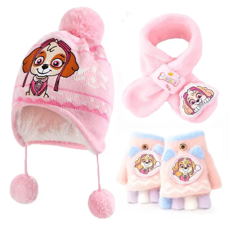 2-3PCS/SET Genuine PAW PATROL Winter Hat Glove Scarf SET Cute Cartoon Skye Chase Boys Girls Baby Cap Christmas Gifts