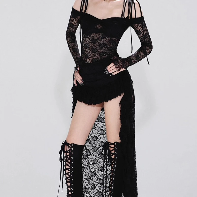 القوطية الظلام الكروشيه الدانتيل الربط غير النظامية طويلة الأكمام فستان المرأة 2025 الخريف جديد الحلو كول مثير فساتين بلا أكمام السيدات #4