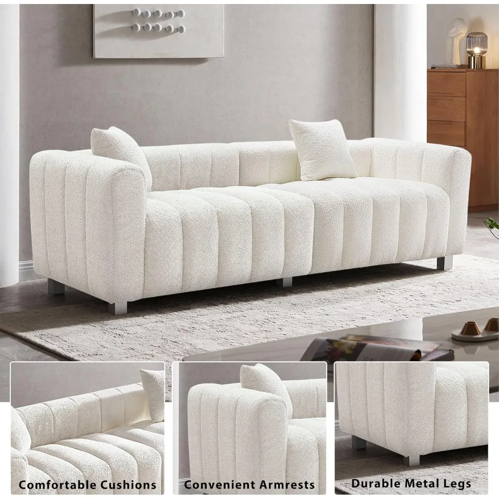 Modern Oversized Deep Seat Sofa, 3-Seater Tufted Upholstered Couch with Accent Pillows, Teddy-Inspired Comfort for Living Room
