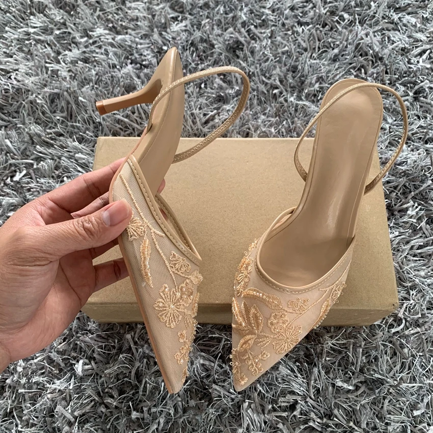 Luxury Brand High Heels Women Sandals Mesh Embroider Elegant Pointed Ladies Slingback Evening Party Wedding Bridal Dress Shoes image 4