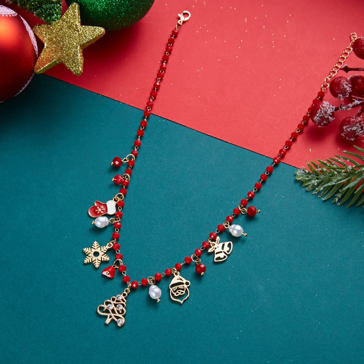 Weihnachtsbaum, Schneemann, Weihnachtsmann, Kranz, rote Kristall-Halskette für Damen und Herren, Weihnachten, Schneeflocken, Glocken, Hirsch, Halsband, Neujahrsschmuck – Detail 25