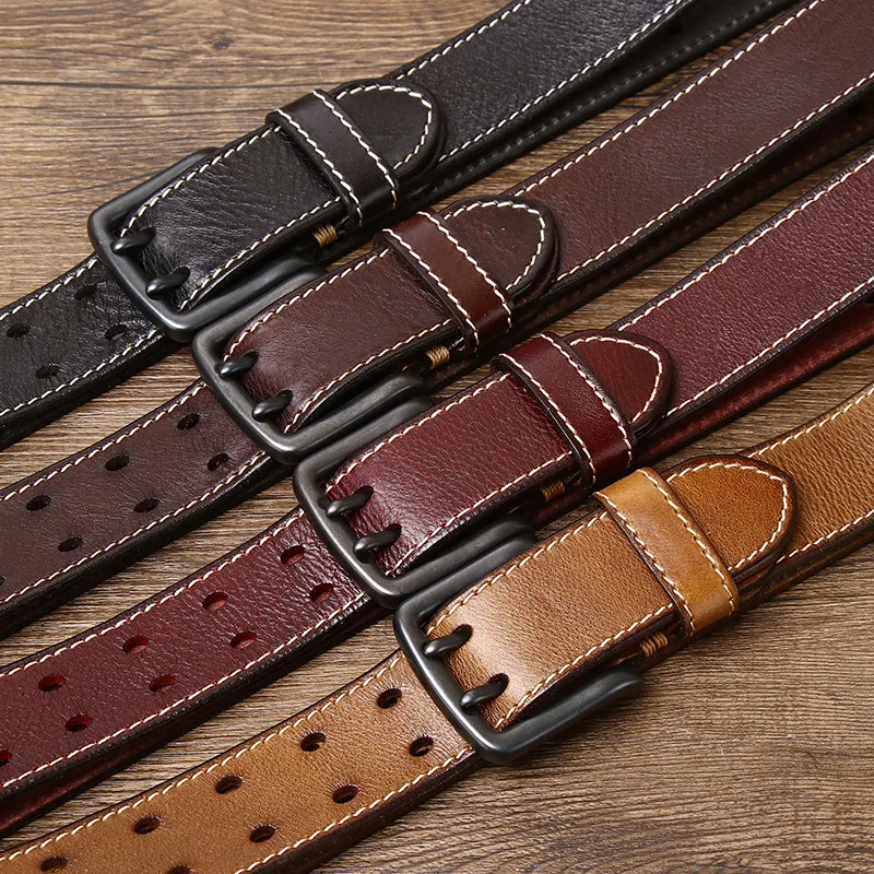 Optique-Ceinture en cuir de vachette véritable pour hommes, designer de luxe, mâle, double broche, haute qualité, sangle de jeans Cowboy, vintage