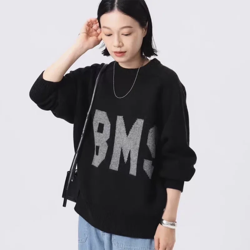 

Женский вязаный свитер на осень-зиму, повседневный, универсальный, с цветочной вышивкой и буквами, свободного кроя, удобный, из полиэфирного волокна