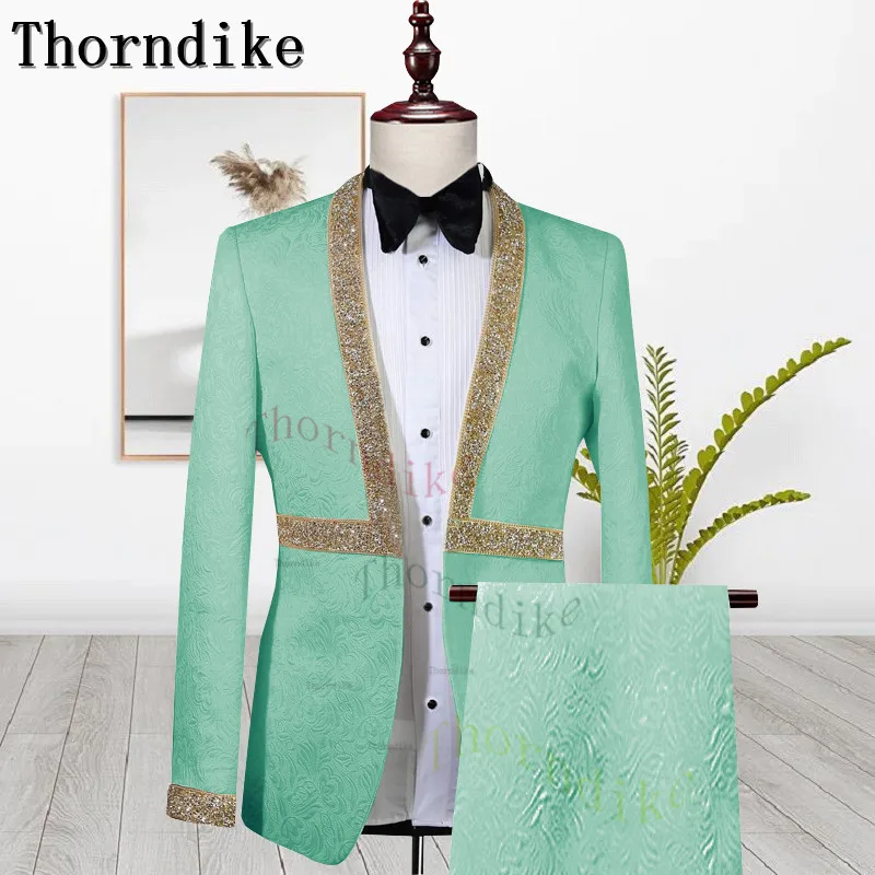 Thorndike Mint Green Jacquard With Gold Stripes Wedding Man Suit 2 Piece Formal Costume Homme Custom Slim Fit Made