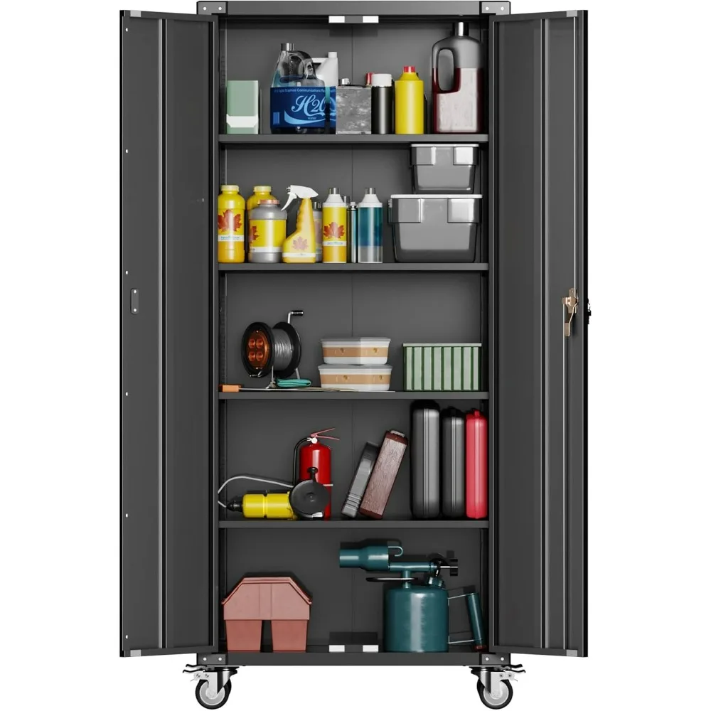 Metal Garage Storage Cabinet on Wheels, Double Handle Lock Steel Storage Cabinet, 4 Shelves Adjustable, Assembly Required