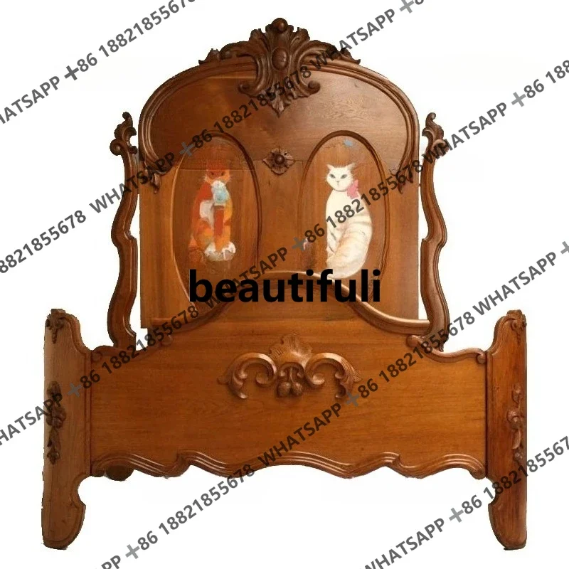 

X Vintage solid wood carved bed painted high back Solid wood bed in the master bedroom