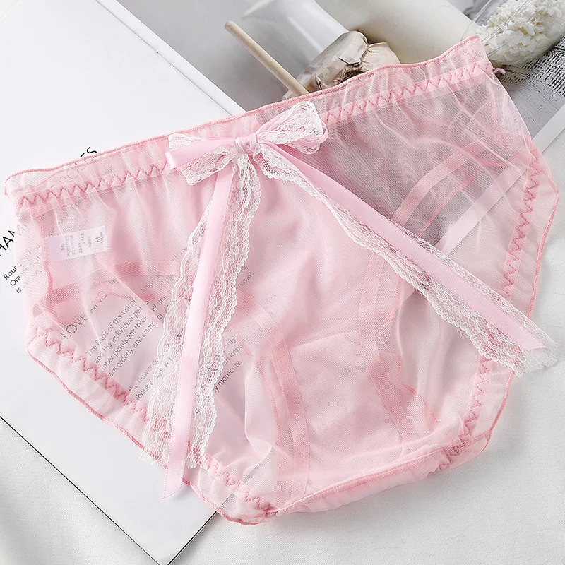 Mesh Transparent Sexy Lace Bow Thin Breathable Women\'s Underwear High Elasticity Japanese Style Cute Lovely Sweety Panties