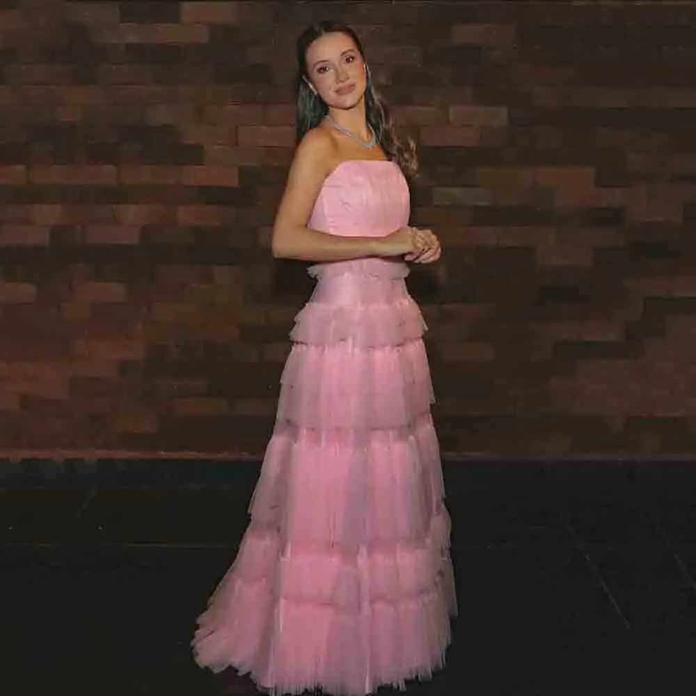 

Msikoods Sexy Pink Gala Night Dress Tulle Strapless Tiered Prom Dress Formal Evening Dress Women's Long Party Dress Customized