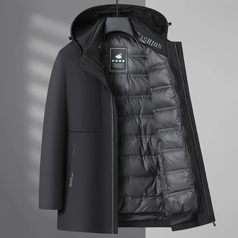 سترة عالية الجودة للرجال في منتصف العمر مكونة من ثلاث قطع بغطاء للرأس وقابلة للفصل، معطف سميك من ريش البط الأبيض للأعمال الراقية