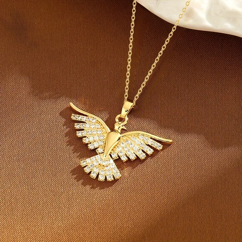 Huitan Sparkling Spread-Wing Phoenix Bird Pendant Necklace for Women Full Paved CZ Animal Stacking Necklace Fashion Jewelry Gift