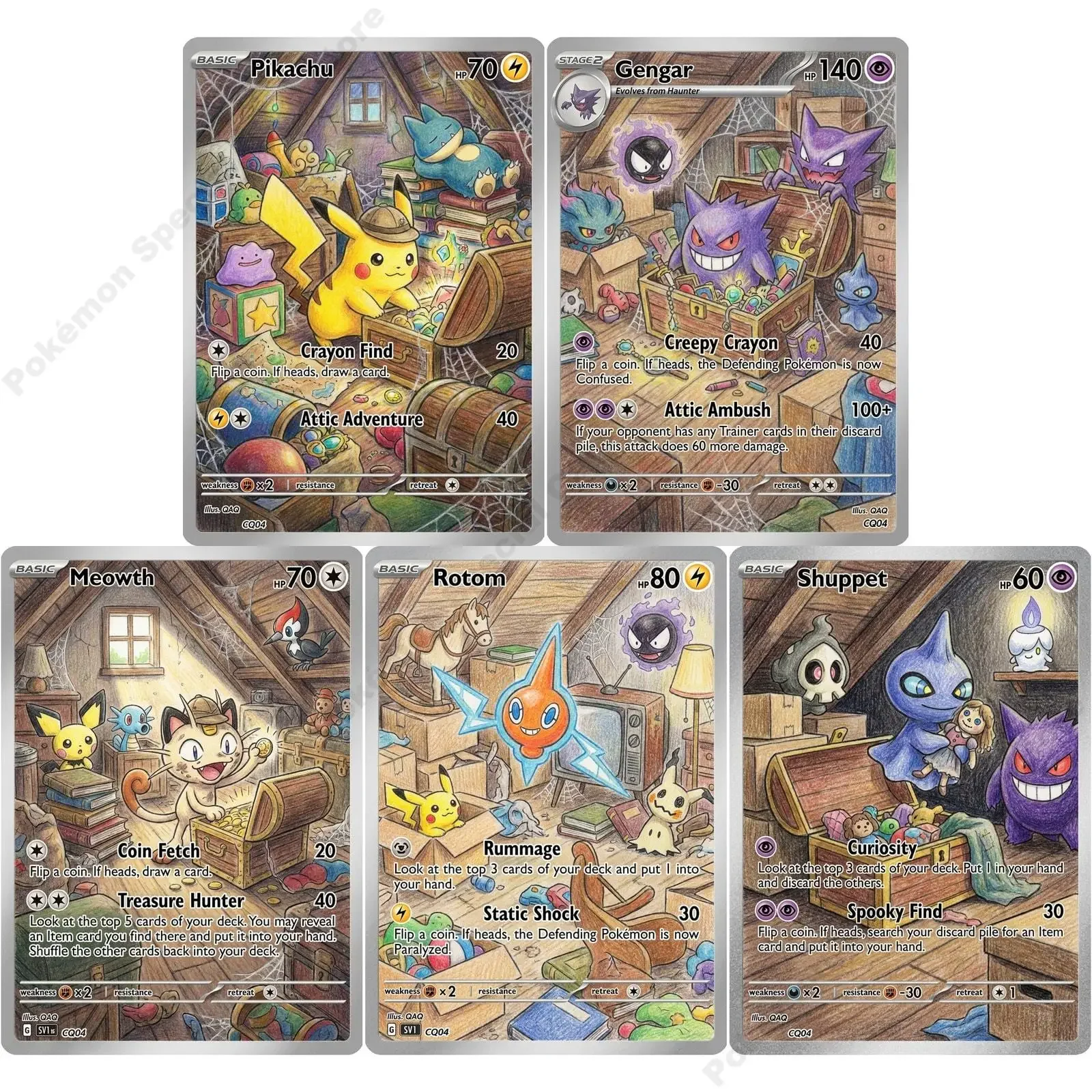 5Pcs PTCG Cards Gengar Meowth Rotom Shuppet Custom Anime Cartoon PTCG Art Cards PTCG Colored Pencil Drawing Style Gift