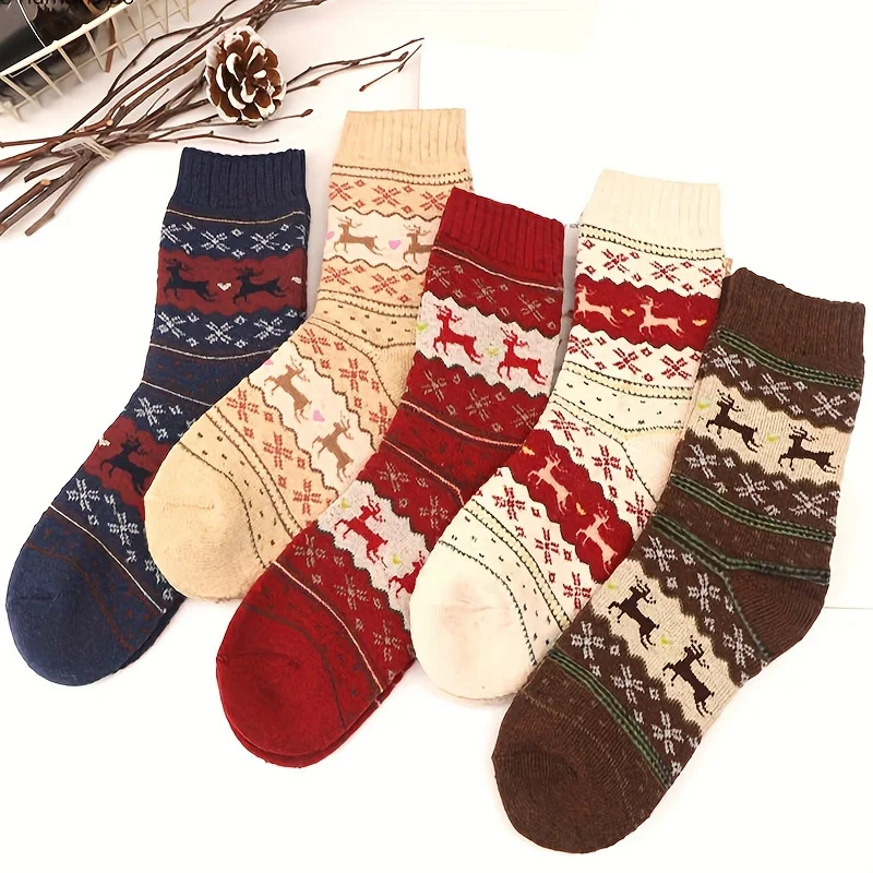 5 Pairs Elk Print Thickened Socks, Comfy & Warm Christmas Mid Tube Socks, Women\'s Stockings & Hosiery